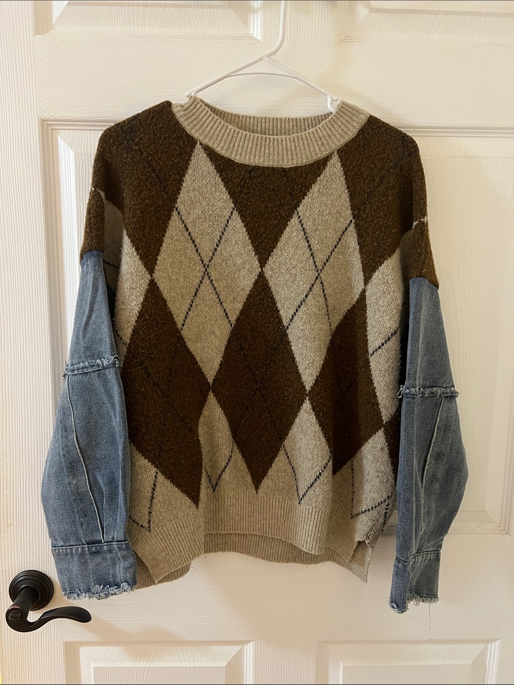 Impressions Brown & Beige Argyle Sweater with Denim Sleeves